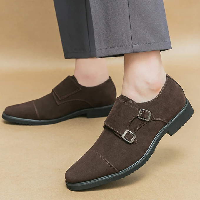 Suede Monk Strap Shoes with Double Buckle Strap