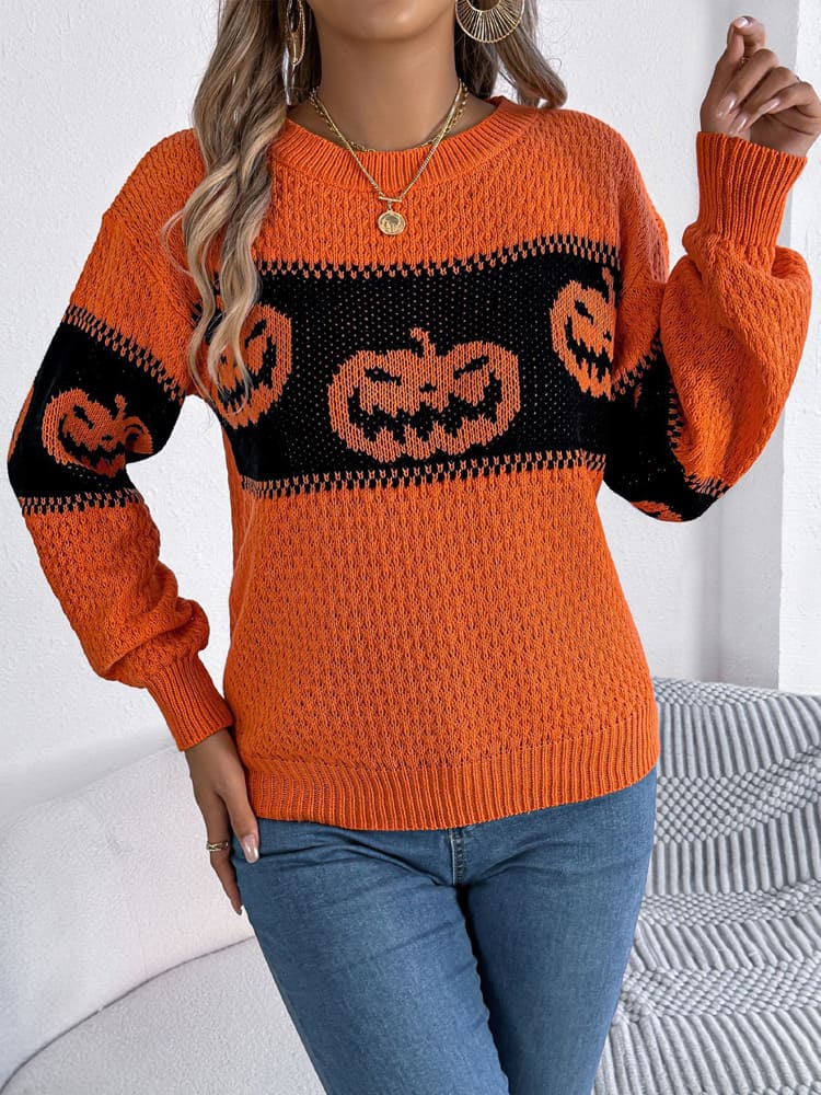 Modern Halloween Pumpkin Head Color-Block Crew Neck Knit Sweater