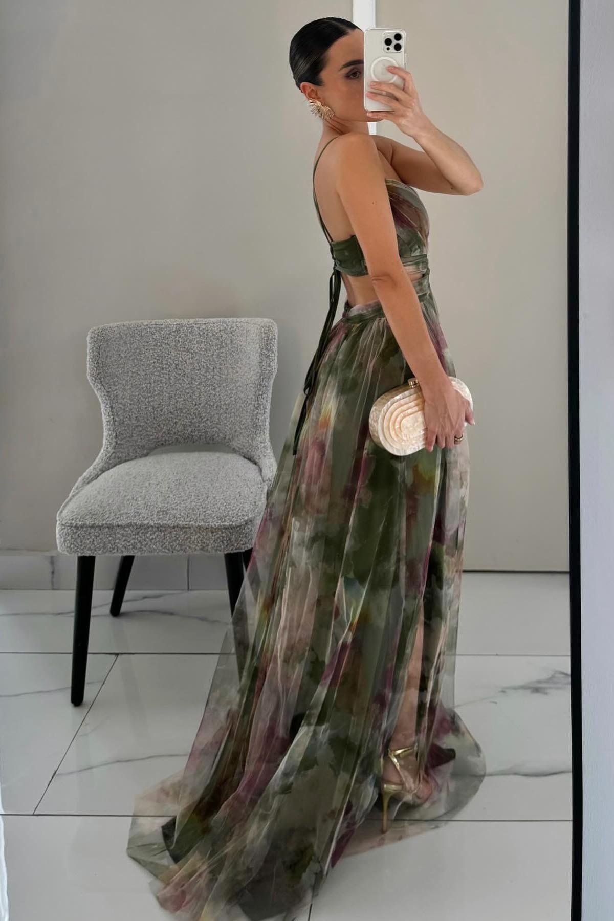 Painted Flower Print V-Neck A-Line Maxi-Length Dress