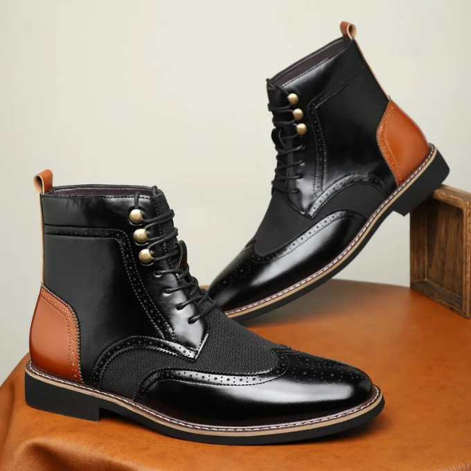 Leather Brogue Boots with Wingtip Brogue Detail