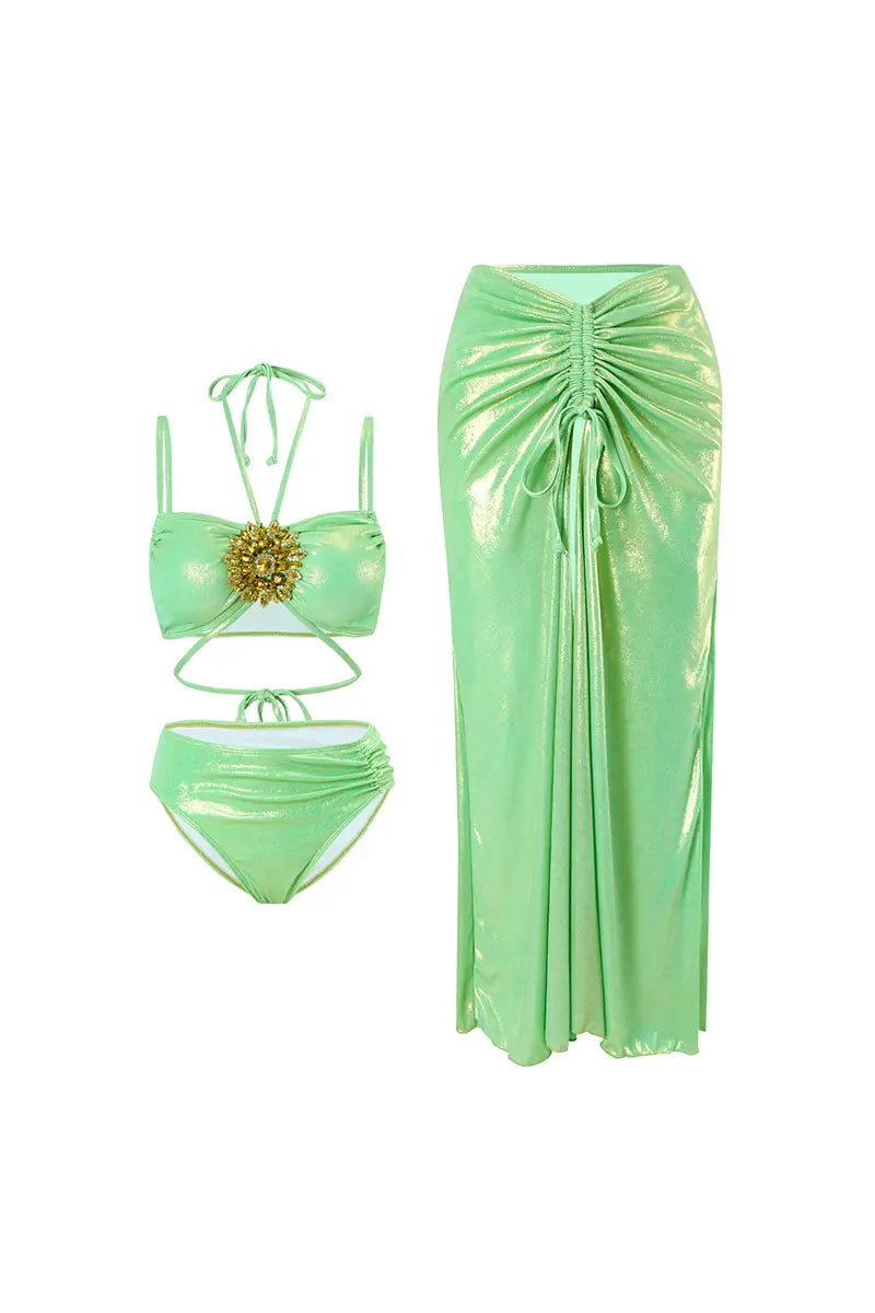Mint Green Crystal-Detail Halter Two-Piece Bikini