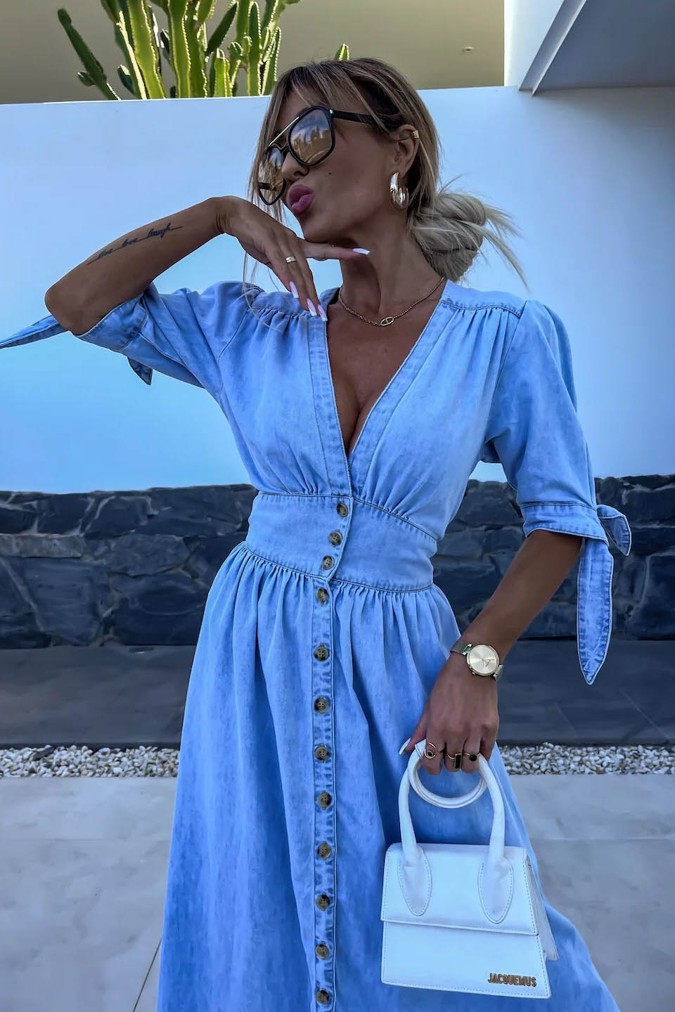 Clean-Lined V-Neck Buttoned Denim Gown