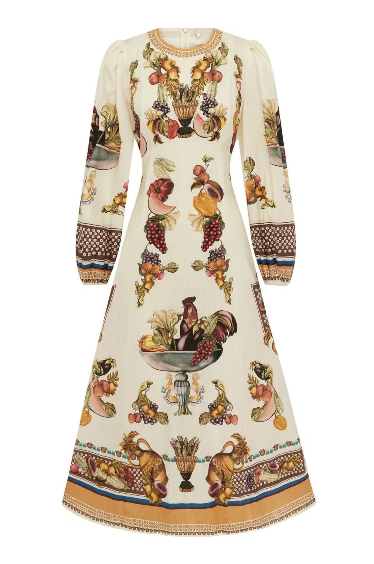 Puff Sleeve Retro Midi-Length Dress