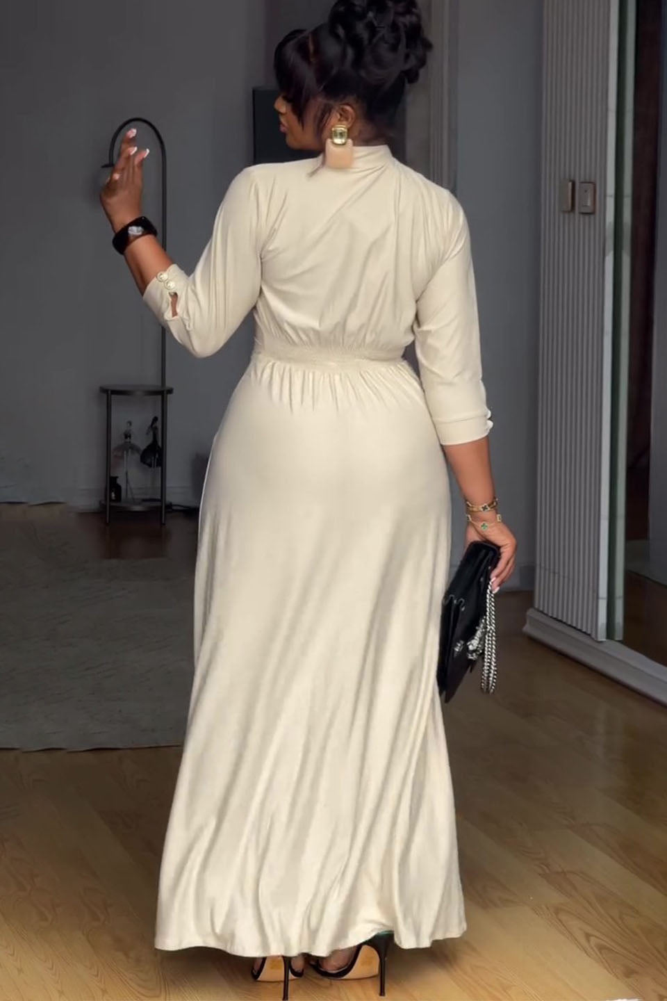 Pearl Button Stand Collar Fitted Maxi-Length Dress