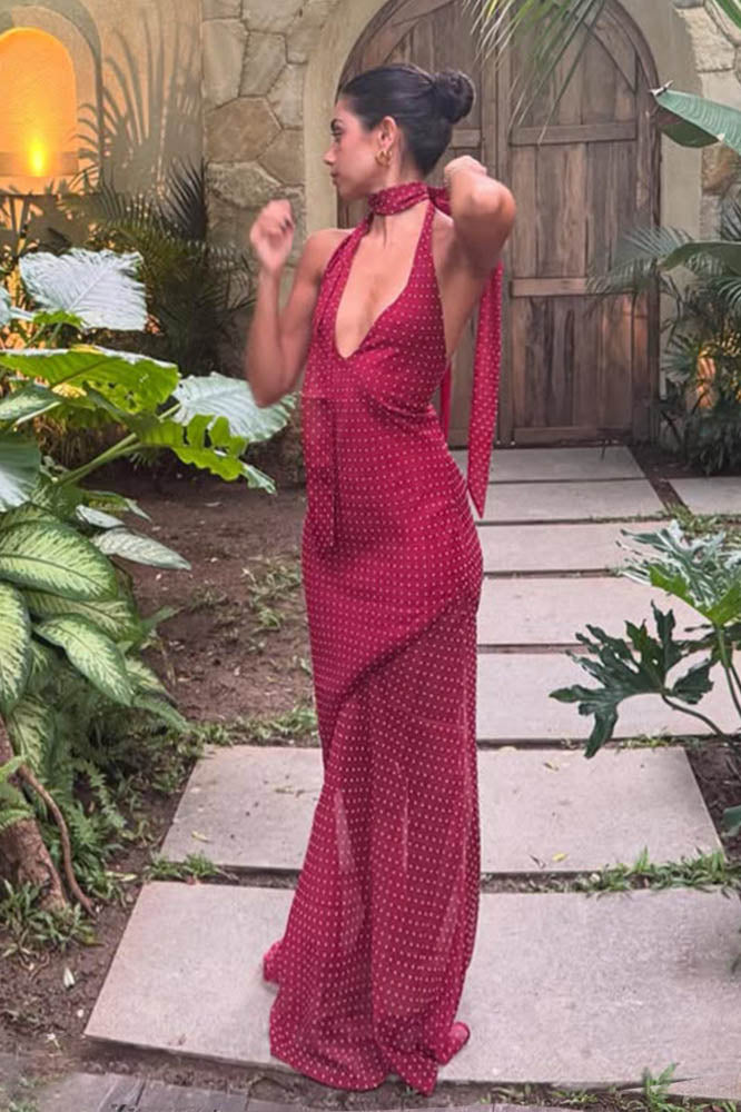 Modern Polka Dot Halter Colorblock Dress