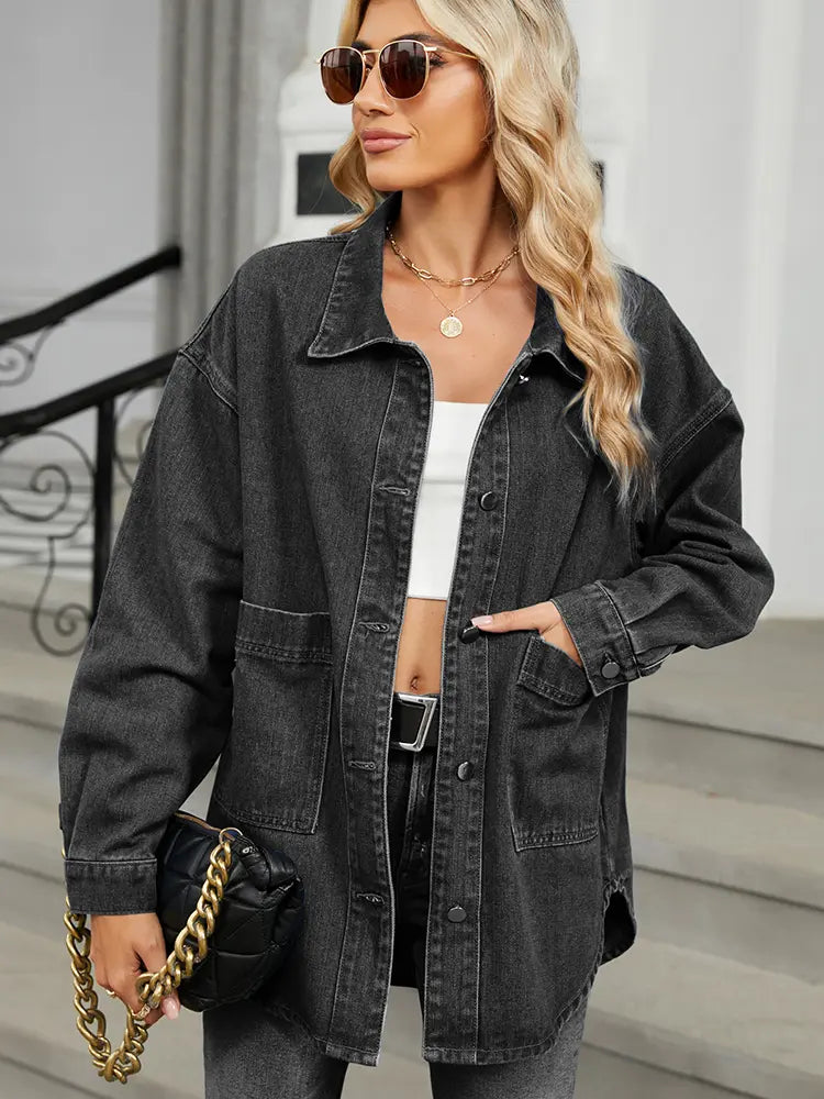 Washed Denim Jacket with Button Closure and Long Sleeves