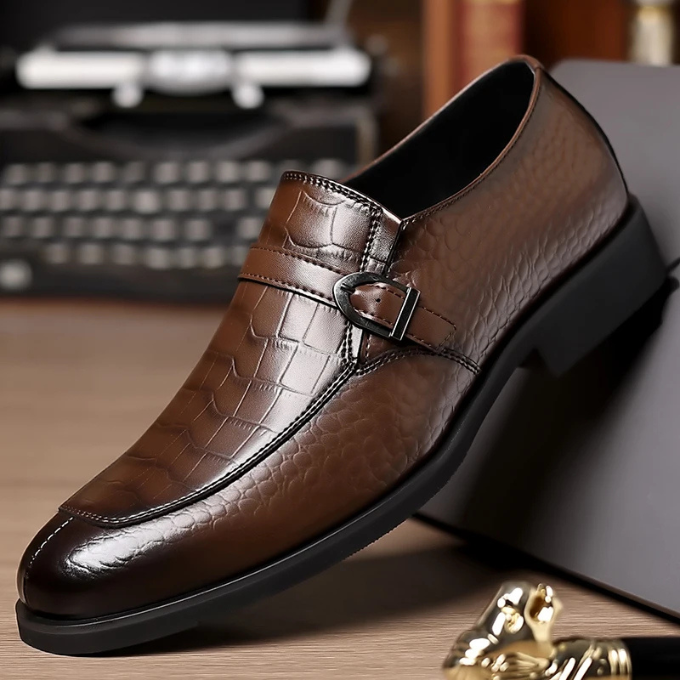Polished Leather Monk Strap Shoes with Croc-Embossed Texture
