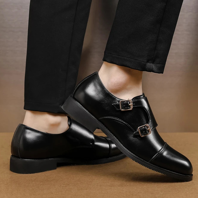 Full-Grain Leather Monk Strap Shoes with Cap-Toe Detail