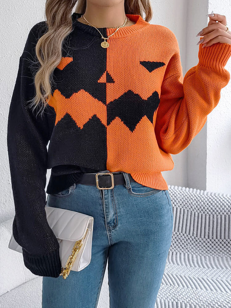 Ghost Pattern Long Sleeve Crew Neck Knit Sweater