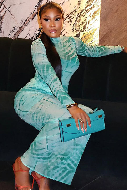 Artistic Teal Tie-Dye Sheer Turtleneck Maxi-Length Dress