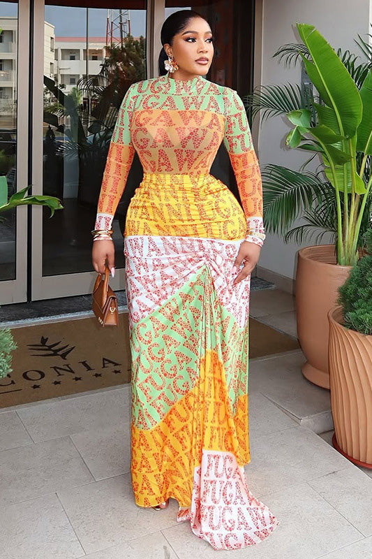 Y2K Graffiti Logo Mesh Maxi-Length Dress