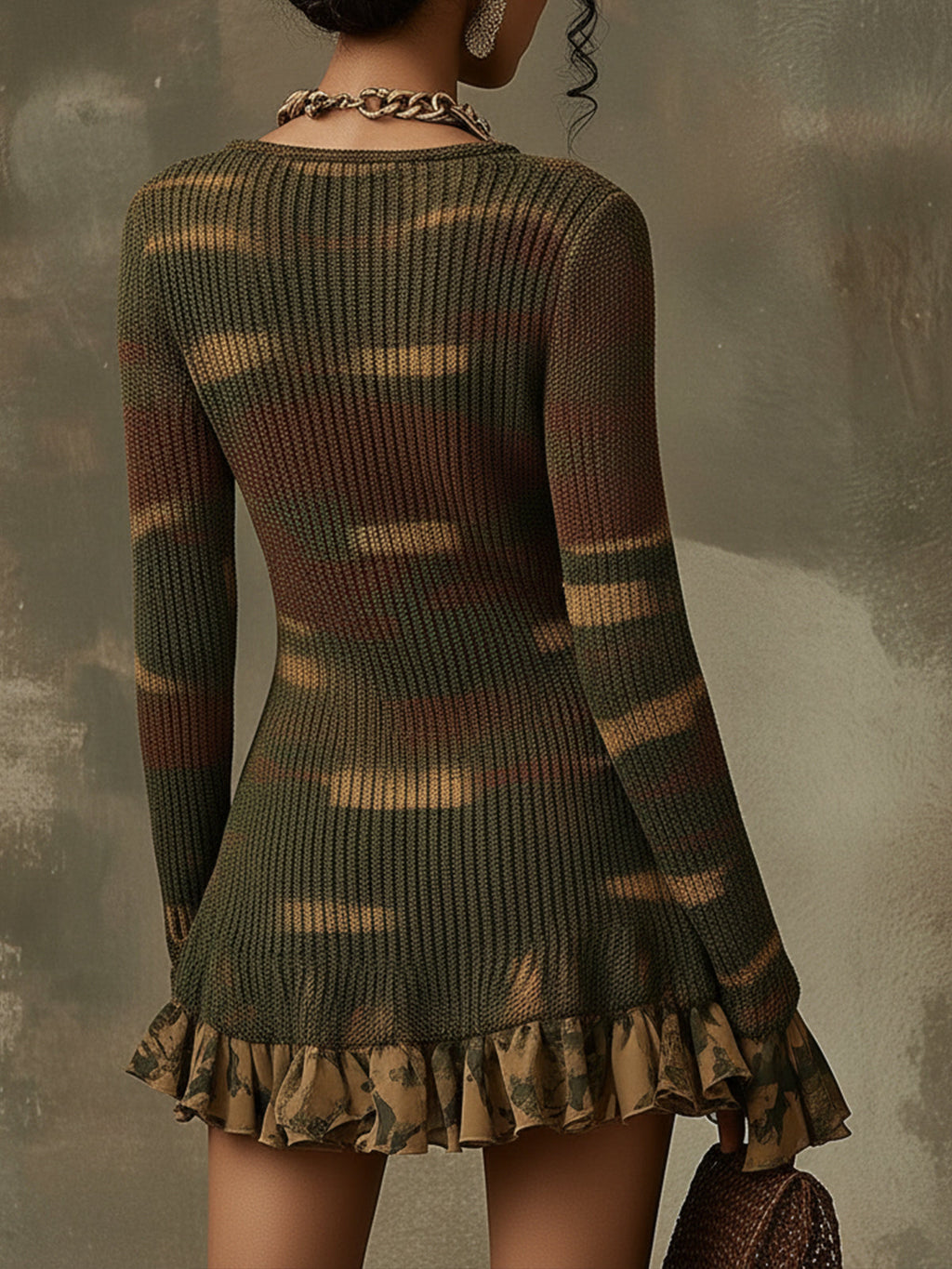 Green Tones Camouflage Knit Mini-Length Dress