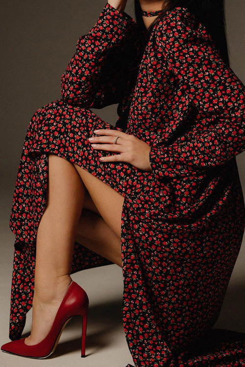 Bertha Flower V-Neck Midi-Length Dress