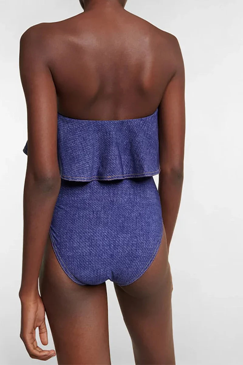 Denim Bandeau One Piece Swimwear Set