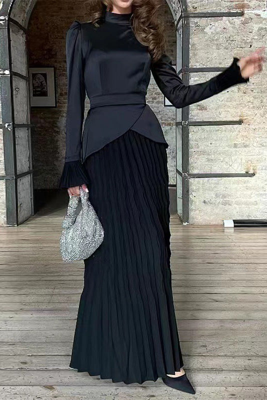 Color Block Splicing Slim Fit Lace-Up Long Sleeve Maxi-Length Dress