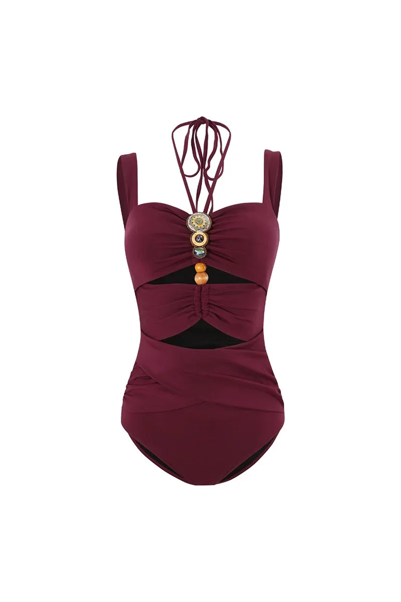 Burgundy Boho Beaded Cut-Out Swimwear Set