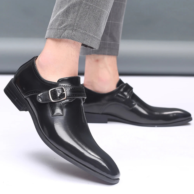 Burnished Leather Monk Strap Shoes with Buckle Strap