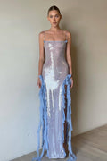 Sequined Sheer Side Slit Spaghetti Midi-Length Dress