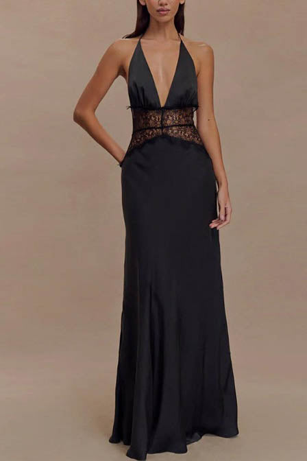 Halter Patchwork Open-Back Sexy Maxi-Length Dress