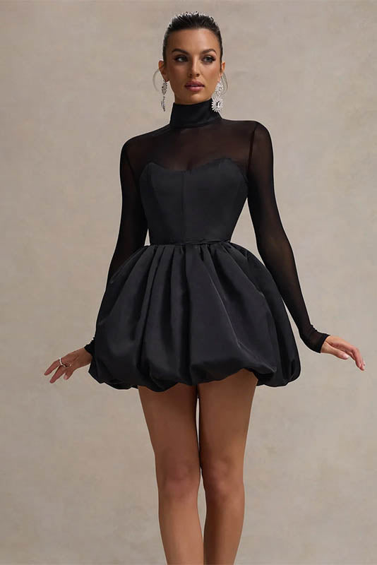 Winter Refined Mesh Sheer Slim Fit Puff Mini-Length Dress