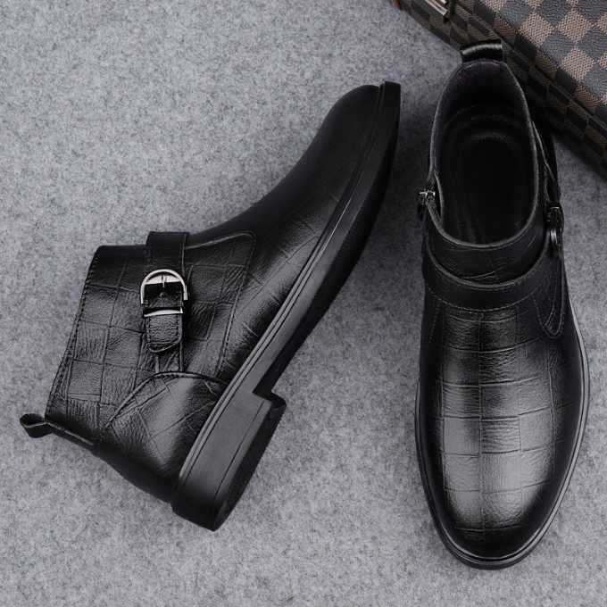 Full-Grain Leather Boots with Buckle Strap