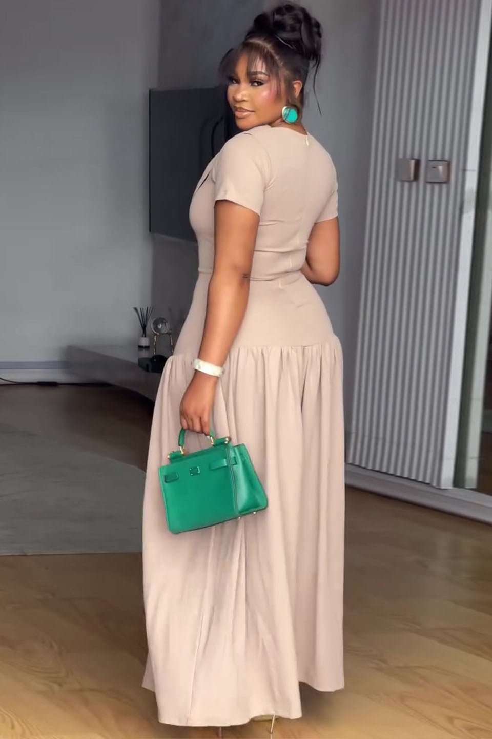 Cowl Neck Button Placket Nude Maxi-Length Dress