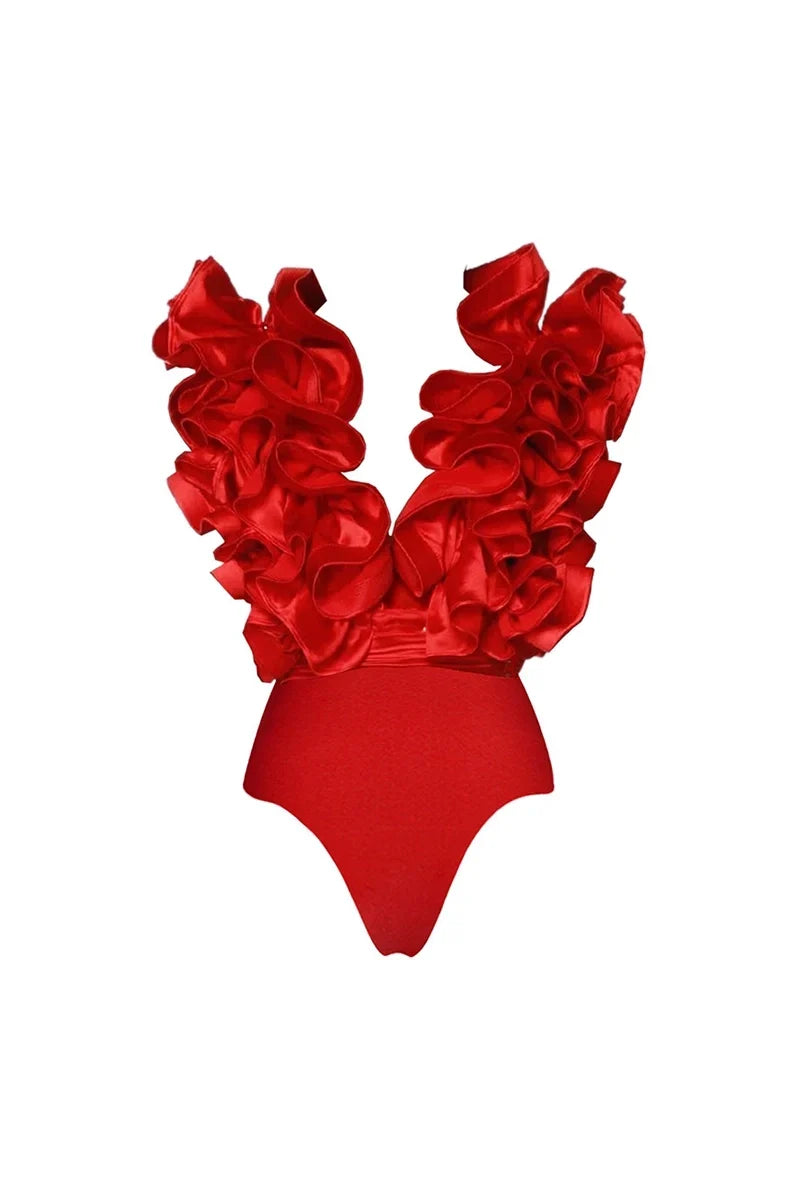 Lace Trim V-Neck Red Swimwear Set