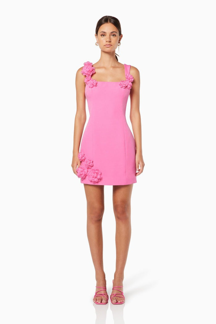 Solid 3D Flower Strap Mini-Length Dress