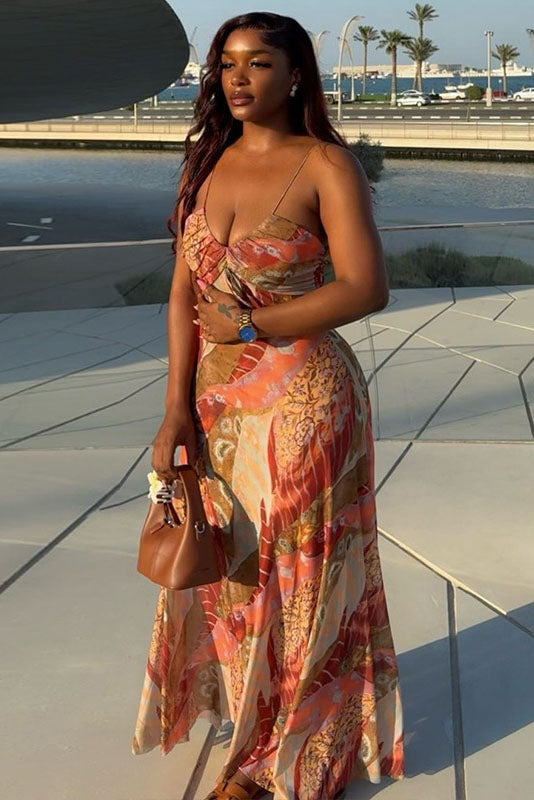 Boho Abstract Flower Mesh Slip Maxi-Length Dress