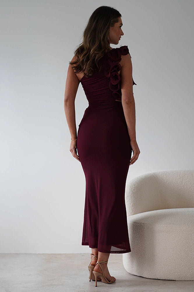 Statement Flower One-Shoulder Fitted Midi-Length Dress