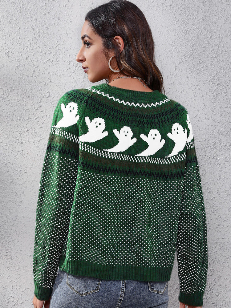 Literary Retro Ghost Pattern Crew Neck Knitted Knit Sweater