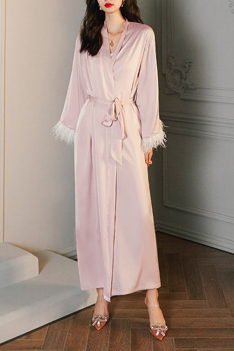Modern Feather Satin Kimono Robe