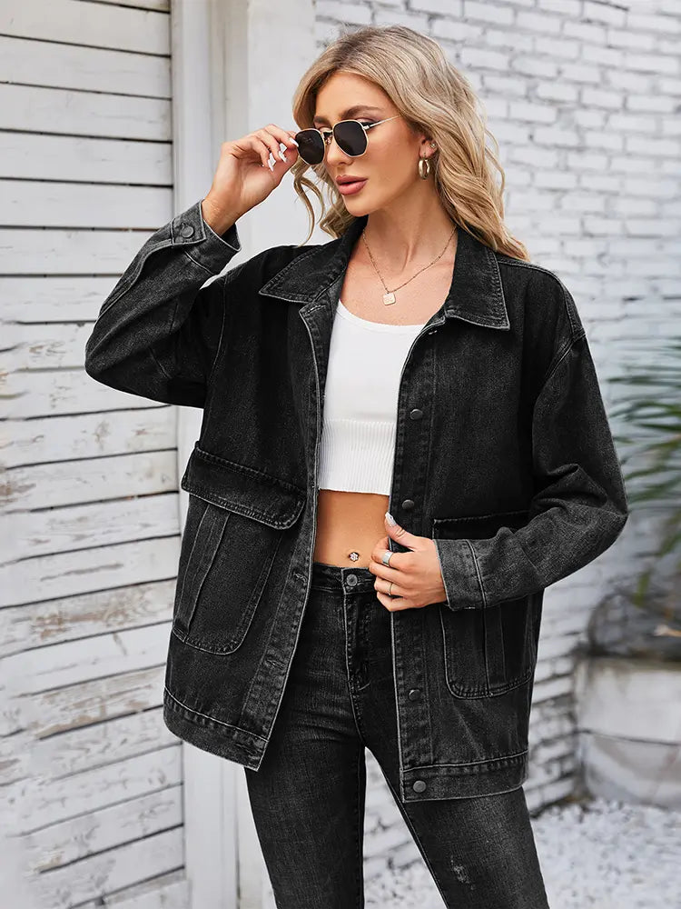 Washed Denim Jacket with Button Closure and Pockets in Blue