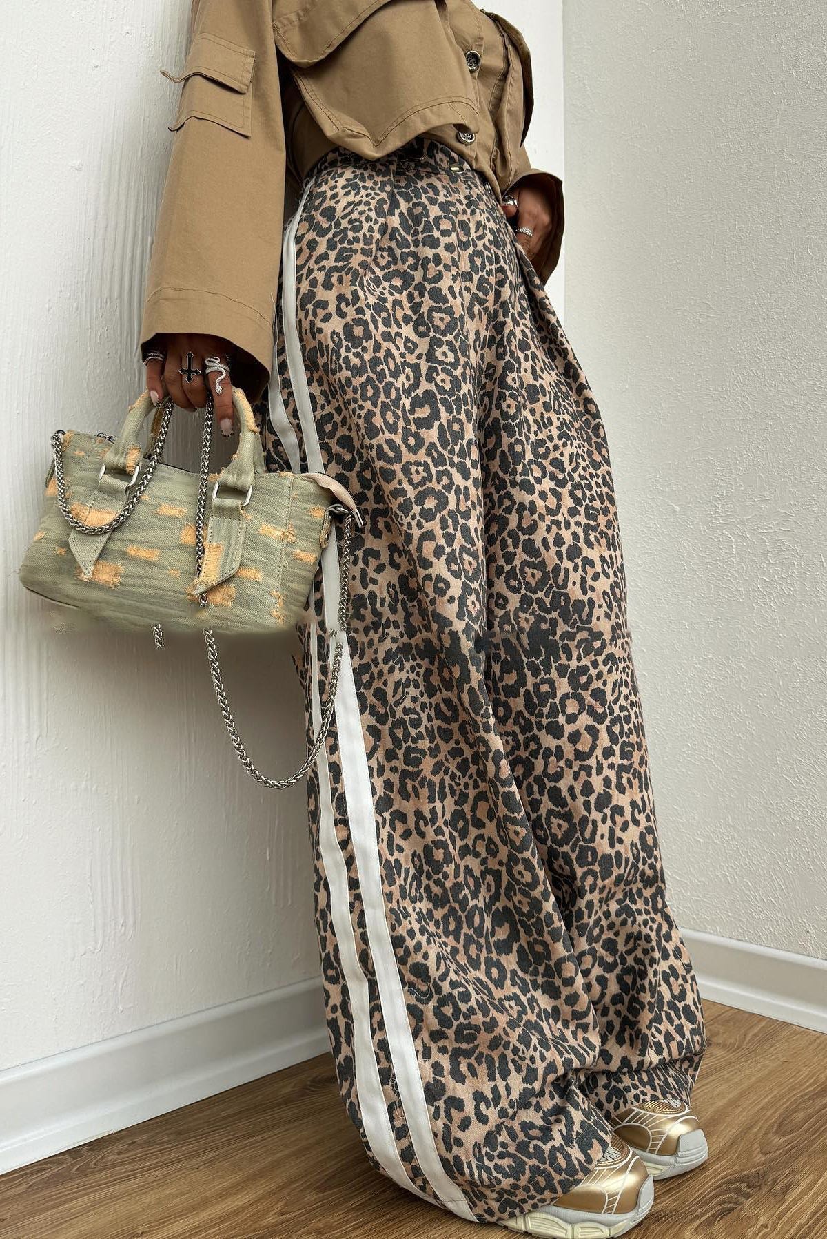 Street Style Leopard Stripe Baggy Trousers