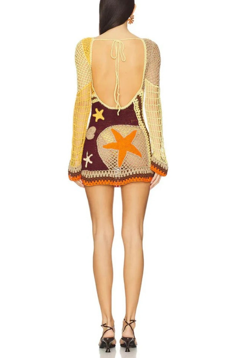 Coral Reef-Inspired Pattern Crochet Mini-Length Dress