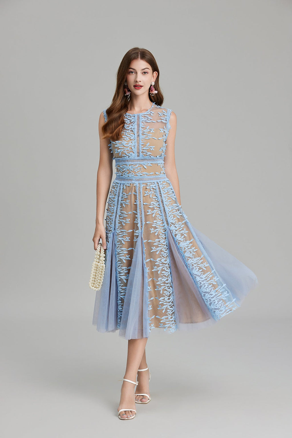 Maelle Crew Neck Mesh Embroidered Midi-Length Dress In Beige