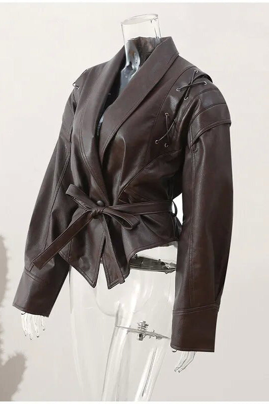 Modern Street-Style High-Gloss Lace-up Leather Jacket