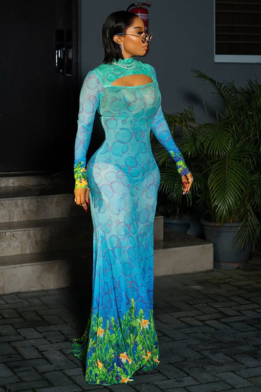 Underwater Print Mermaid Maxi-Length Dress