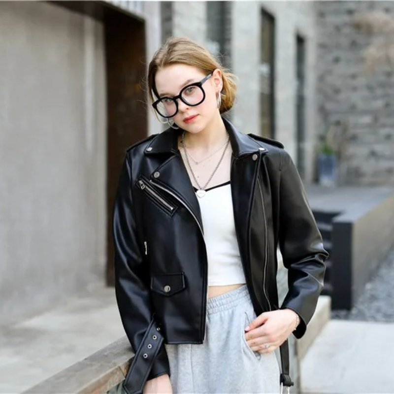 Leather Biker Jacket with Zippers and Belt