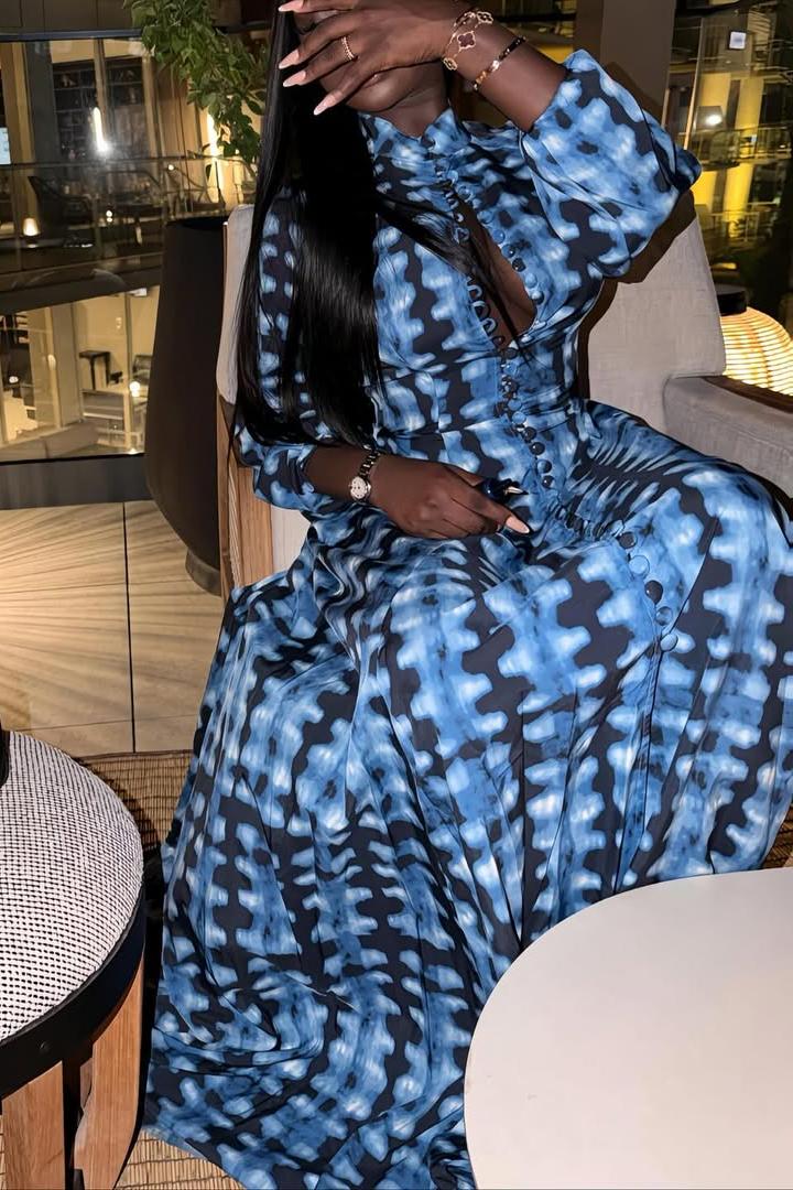 Blue Tie-Dye Button-Front Maxi-Length Dress