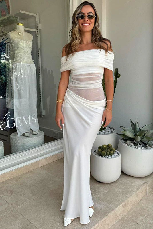 Sheer Mesh Off-Shoulder Maxi-Length Dress