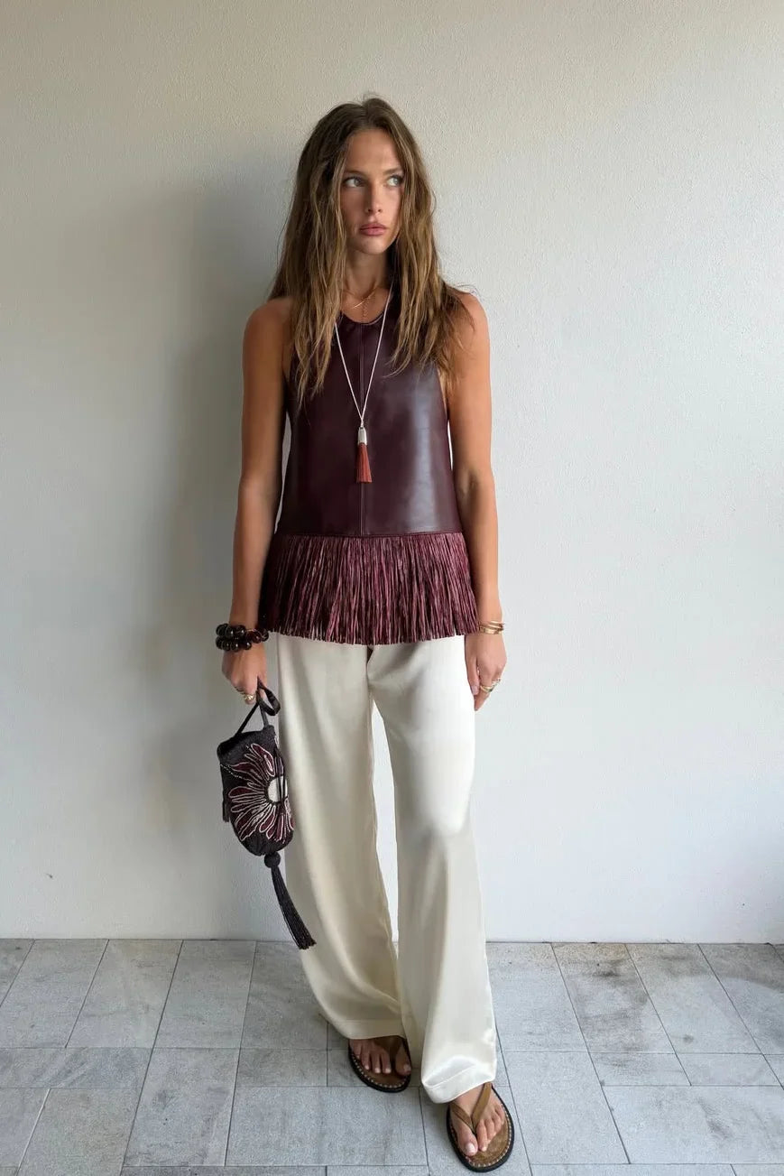 Modern Burgundy Leather Halter Fringe Top