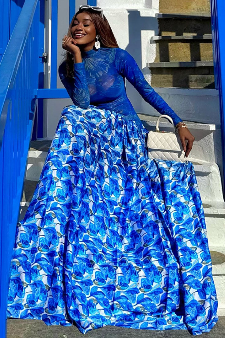 Santorini Rose Print Mesh Maxi-Length Dress