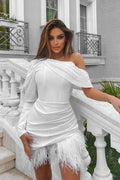 French One - Shoulder Feather Mini-Length Dress