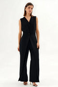 Modern Black Sleeveless Wrap-Effect Wide-Leg Jumpsuit