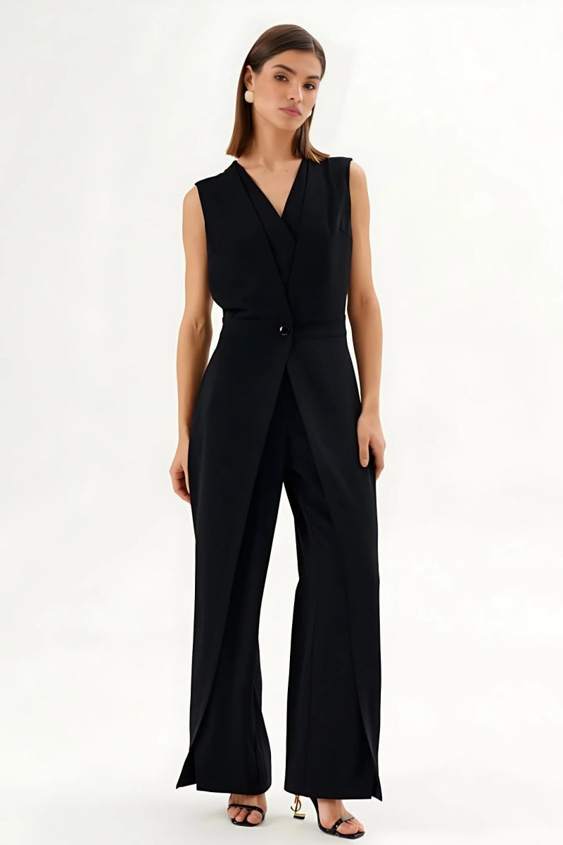 Modern Black Sleeveless Wrap-Effect Wide-Leg Jumpsuit