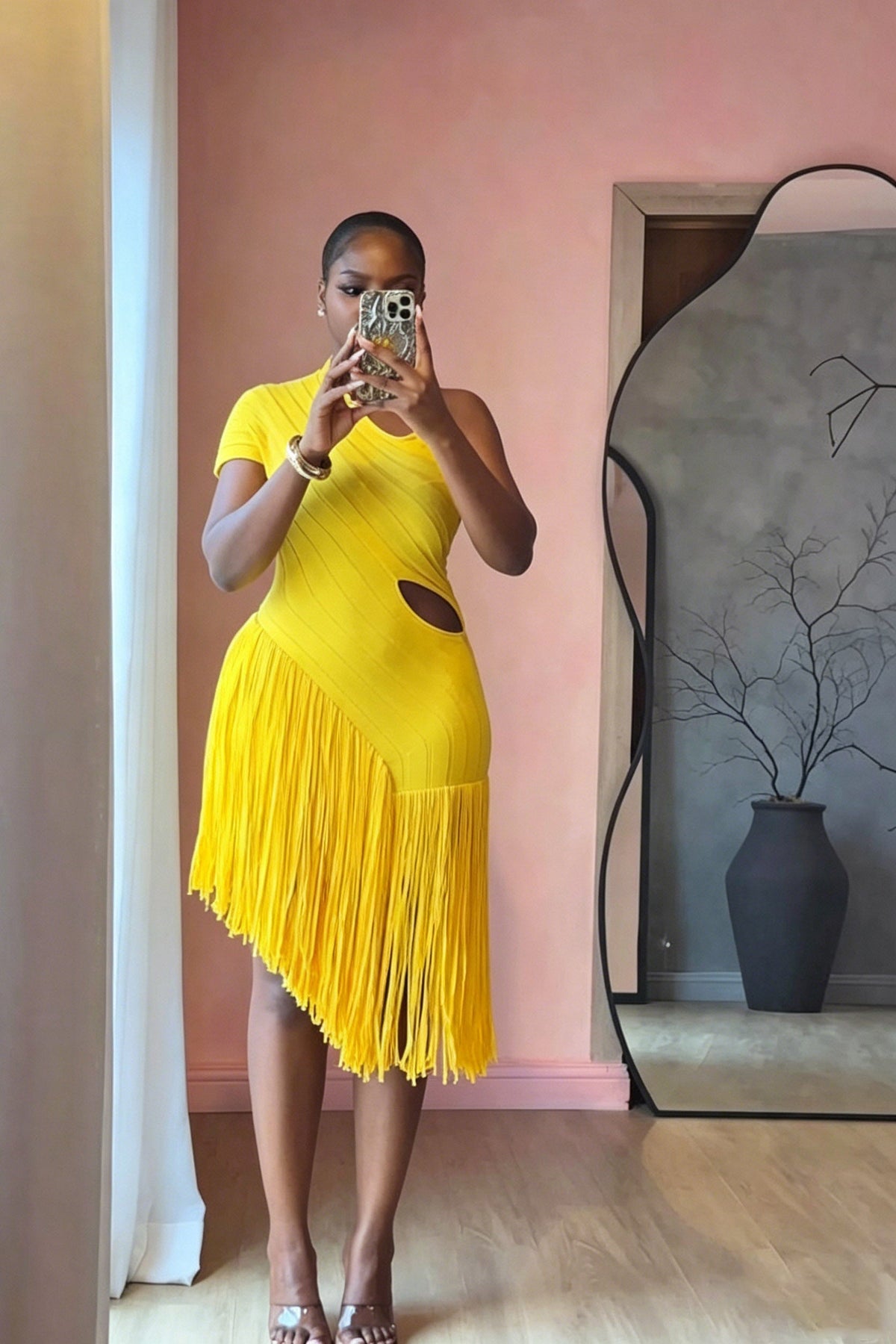Vibrant Yellow Cut-Out Midi-Length Dress