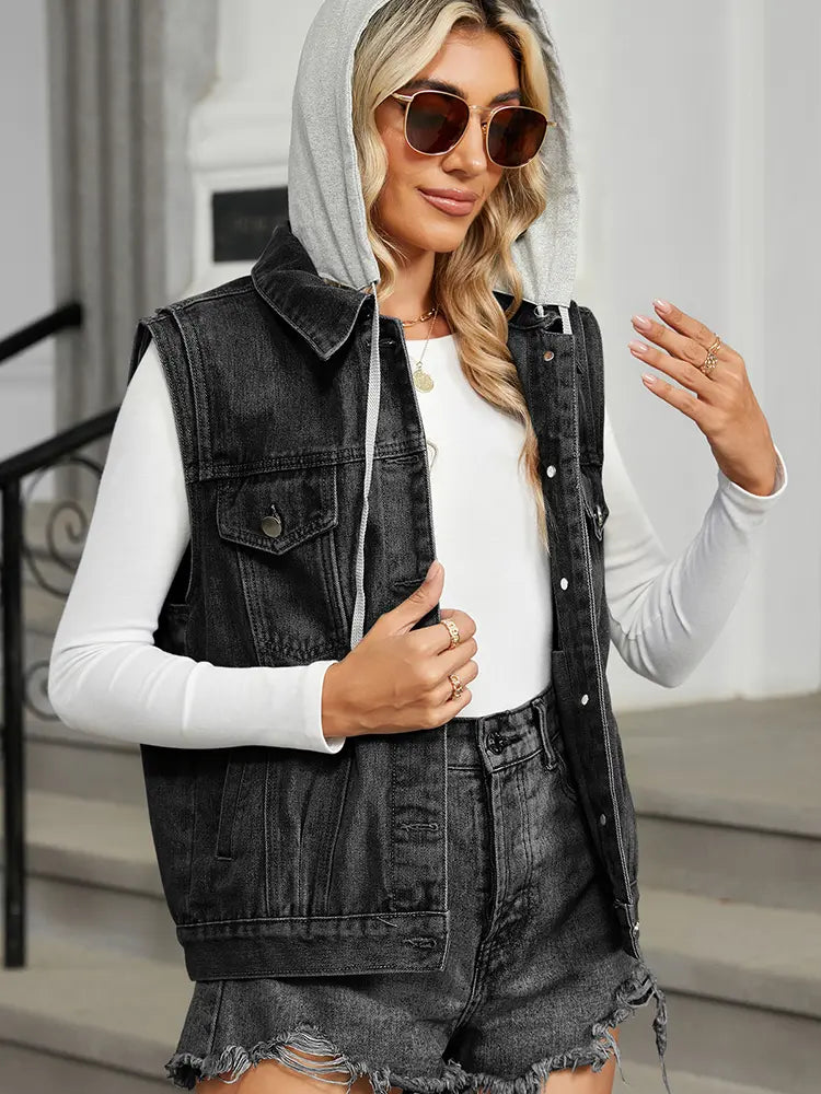 Washed Denim Vest with Hood