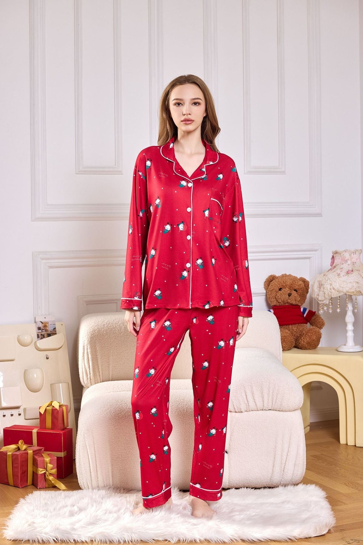 Coordinated Pink Candy Cane Print Satin Long PJ Set