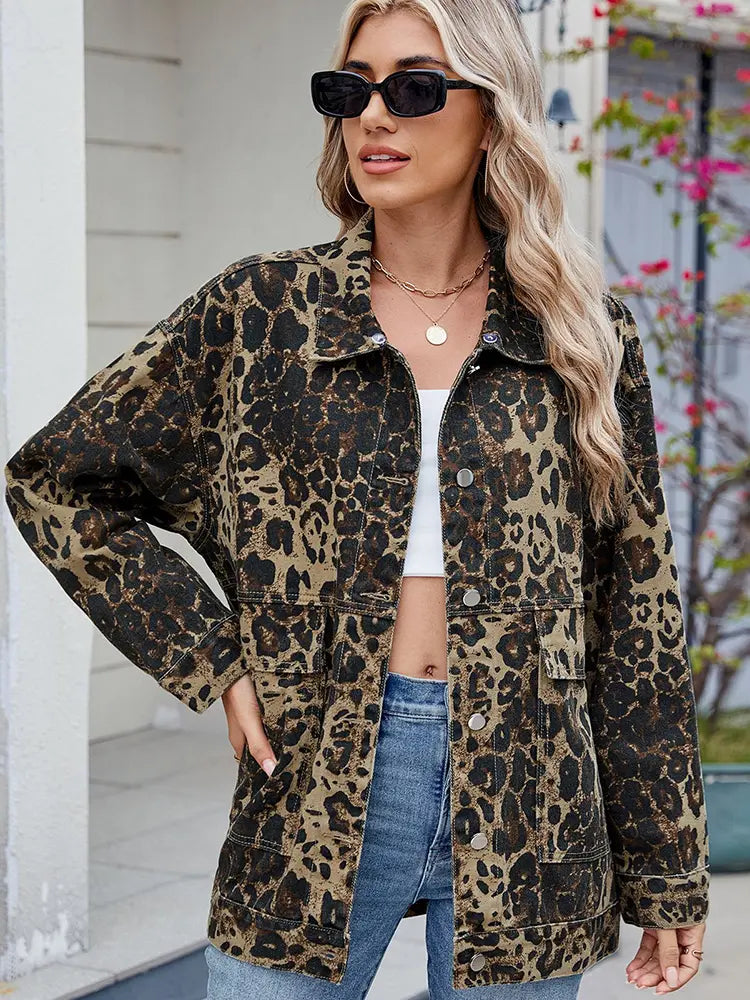 Oversized Denim Jacket with Button Closure and Pockets